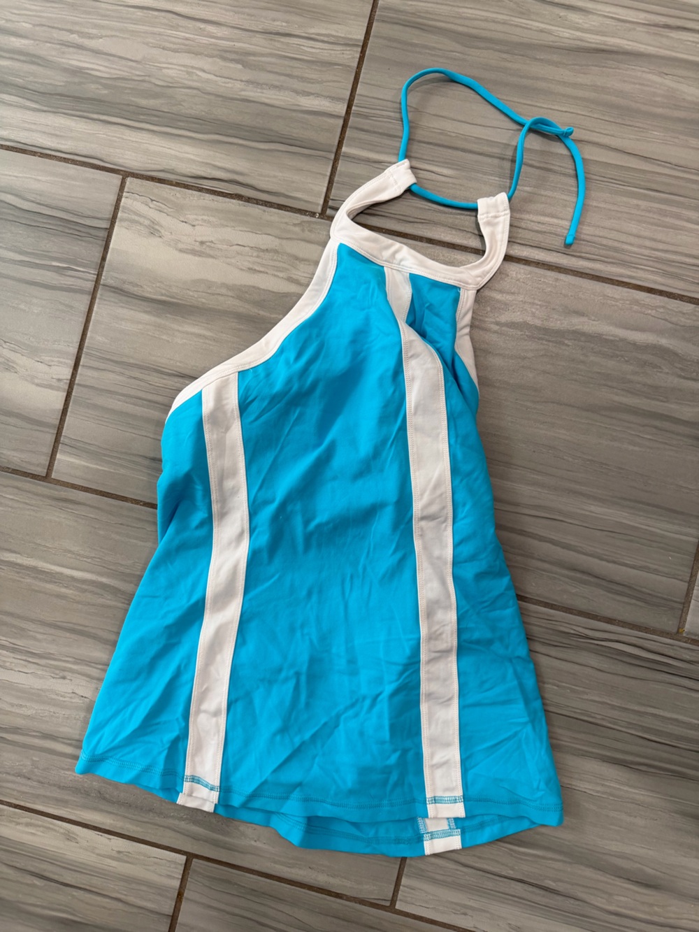 Blue Halter work out shirt with White Stripes